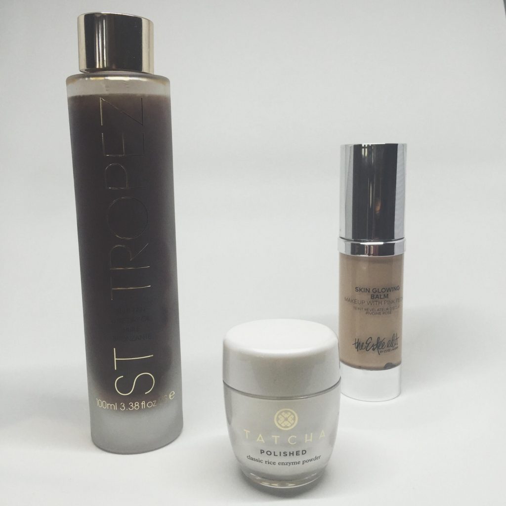 st tropez oil, beauty balm and tatcha enzyme powder