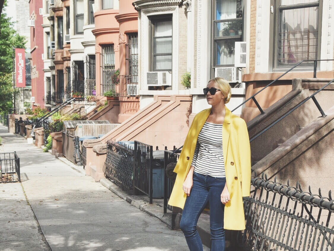 Chondra Sanchez in yellow Lafayette 148 coat on Brooklyn Street