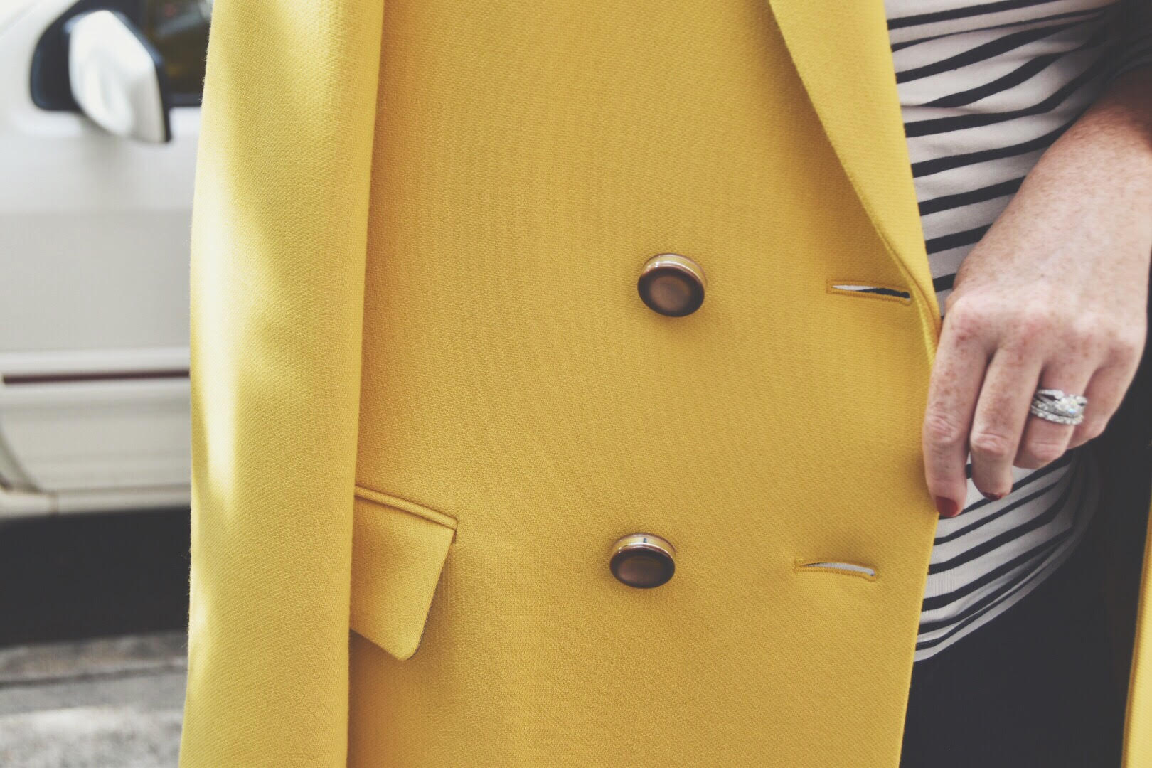 Close on button detail of Lafayette 148 coat